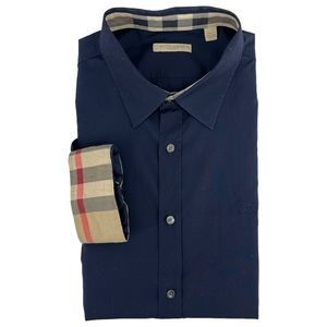 Burberry Navy Dress Shirt with Check Cuffs